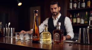 Botellas de tequila premium de lujo sobre barra de madera oscura con iluminación dramática dorada
