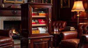 Humidor de lujo con cajas de puros cubanos Cohiba y Montecristo en elegante salón de fumadores con sillones de cuero
