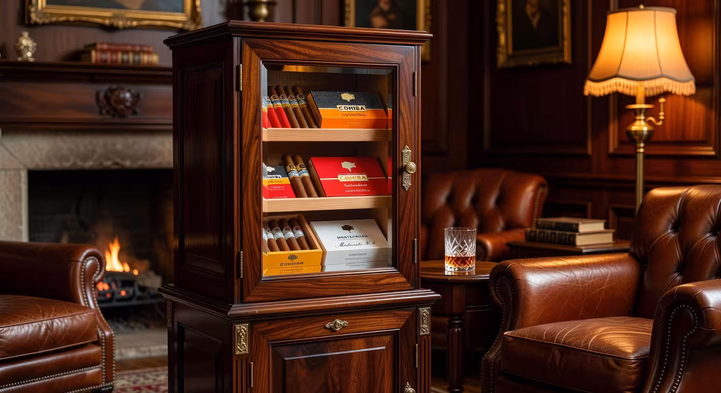 Los mejores puros cubanos que debes tener en tu humidor Humidor de lujo con cajas de puros cubanos Cohiba y Montecristo en elegante salón de fumadores con sillones de cuero