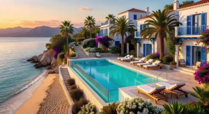 Vista exterior del Delfino Blu Wellness Boutique Hotel en Corfú con piscina infinity y jardines mediterráneos