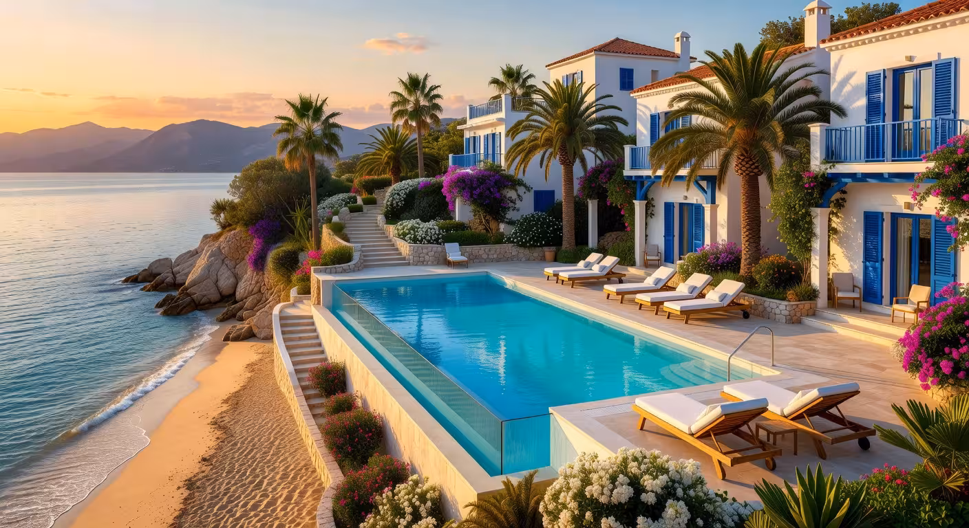 Delfino Blu Wellness Boutique Hotel: un refugio de bienestar en Corfú Vista exterior del Delfino Blu Wellness Boutique Hotel en Corfú con piscina infinity y jardines mediterráneos