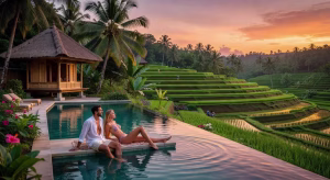 Kuwarasan A Pramana Experience: Refugio de lujo y bienestar en Ubud Piscina infinita del resort Kuwarasan con vistas panorámicas a los arrozales de Tegallalang en Ubud, Bali