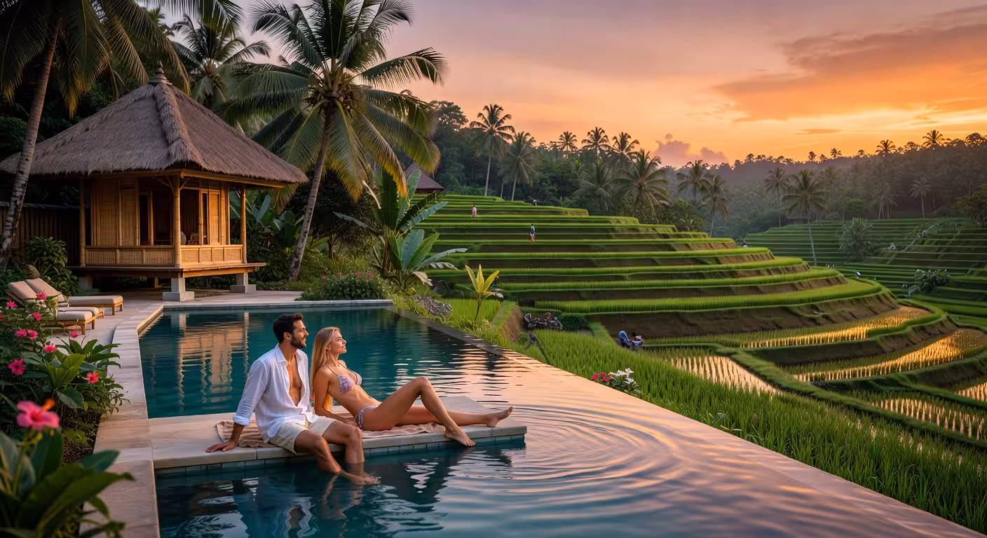 Piscina infinita del resort Kuwarasan con vistas panorámicas a los arrozales de Tegallalang en Ubud, Bali