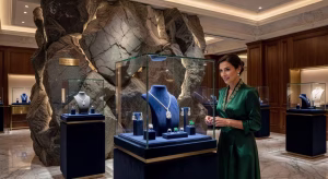 Interior de la flagship De Beers London en París mostrando joyas de alta gama con iluminación elegante