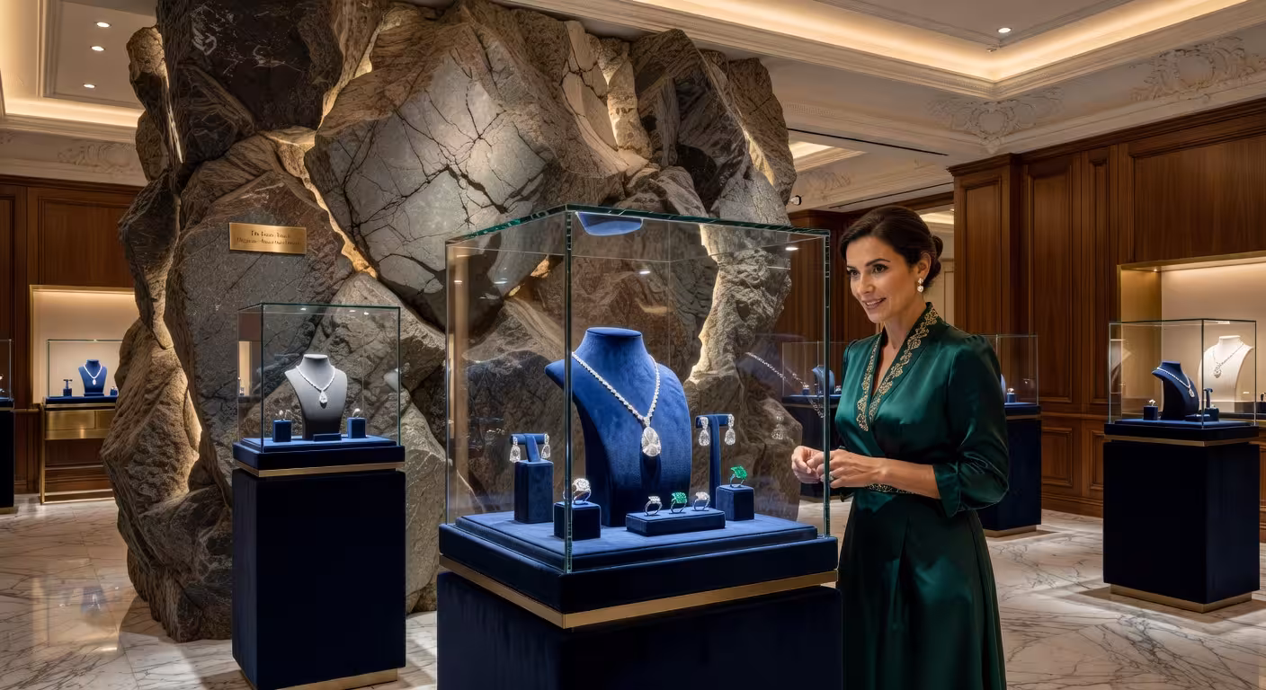 Interior de la flagship De Beers London en París mostrando joyas de alta gama con iluminación elegante