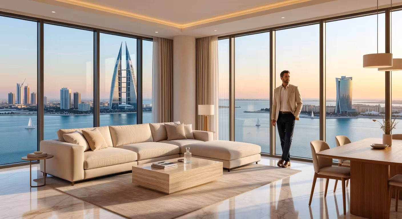 Interior de penthouse de lujo en Onyx Bahrain Bay con vistas panorámicas a la bahía de Manama
