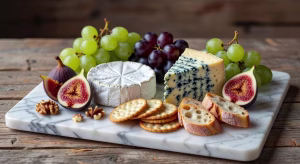 9 formas deliciosas de disfrutar el queso vegano en una dieta basada en plantas Tabla de quesos veganos artesanales con camembert de anacardos, queso azul vegetal, higos frescos, uvas y frutos secos sobre superficie de mármol