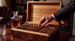 Selección de puros premium de diferentes calibres y capas en humidor de lujo