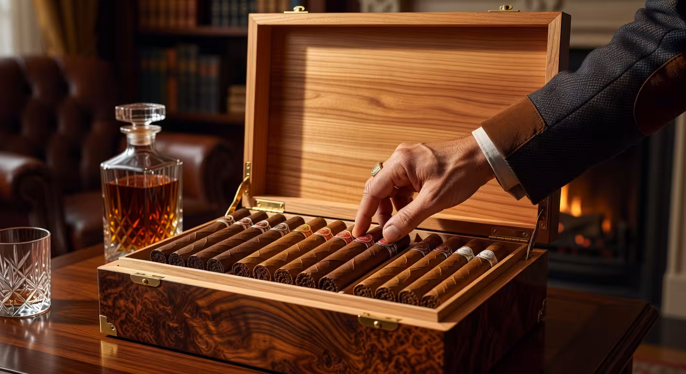 Cómo elegir el cigarro perfecto: guía definitiva para principiantes Selección de puros premium de diferentes calibres y capas en humidor de lujo