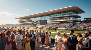 Espectadores diversos disfrutando de una carrera de caballos en un hipódromo elegante