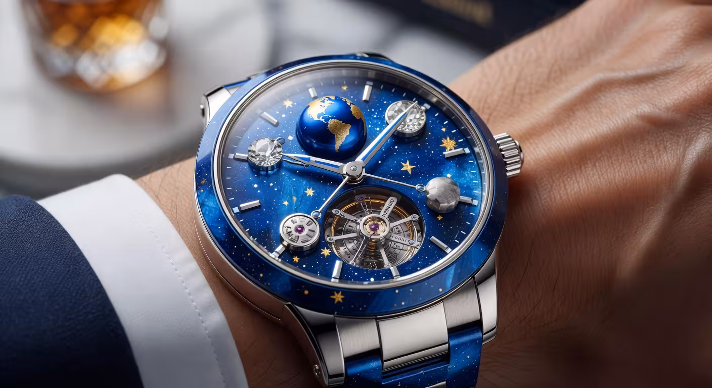 Jacob & Co Astronomia Tourbillon Bucherer BLUE con tourbillon de triple eje y fondo de aventurina azul representando el espacio