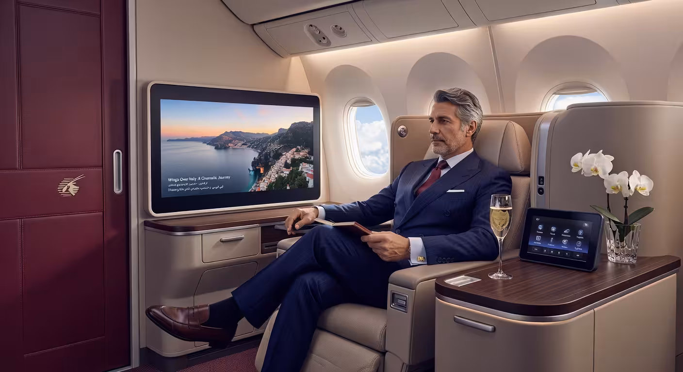 Interior de la Q Suite de Qatar Airways mostrando suites privadas con puertas correderas y pasajero disfrutando del lujo a bordo