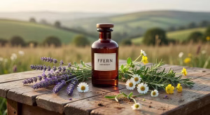 Botella de perfume artesanal Ffern rodeada de hierbas orgánicas y flores silvestres en el campo de Somerset