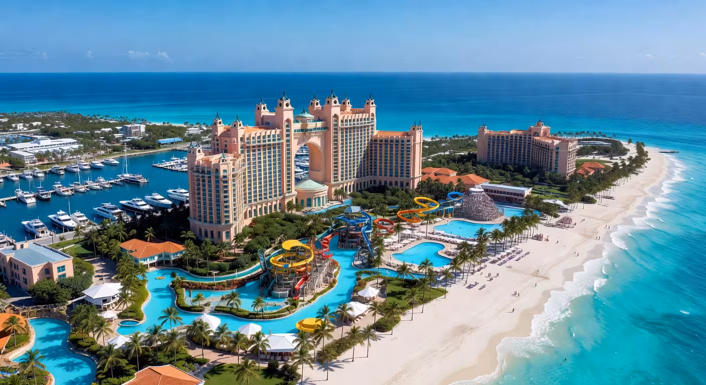 Vista aérea del resort Atlantis Paradise Island en Nassau, Bahamas, mostrando sus icónicas torres y aguas turquesas del Caribe