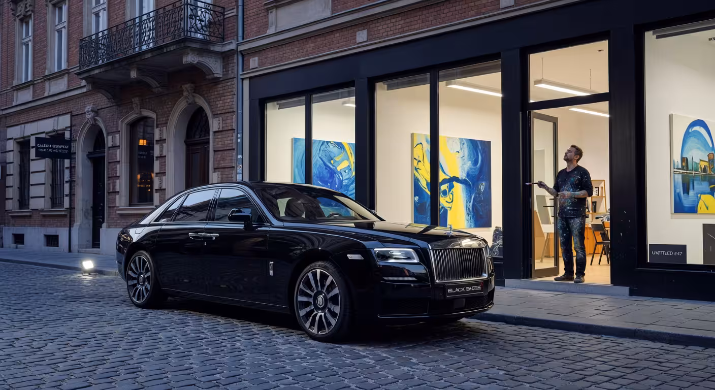 Rolls-Royce Black Badge Ghost: la conducción de mi vida en el Hungaroring Rolls-Royce Black Badge Ghost estacionado frente a estudio de arte en Budapest