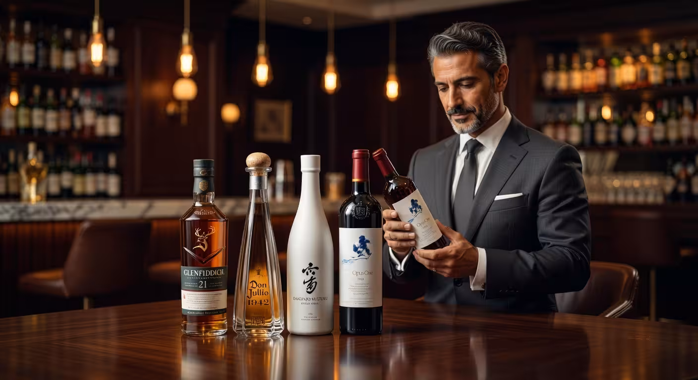 Colección de licores premium incluyendo whisky, tequila, sake y vino dispuestos elegantemente sobre mesa de madera oscura con iluminación cálida