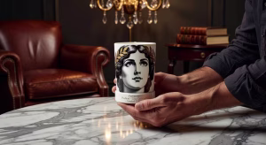 Las velas y difusores perfumados más lujosos del mundo Vela de lujo Fornasetti con diseño de porcelana pintada a mano en elegante interior masculino