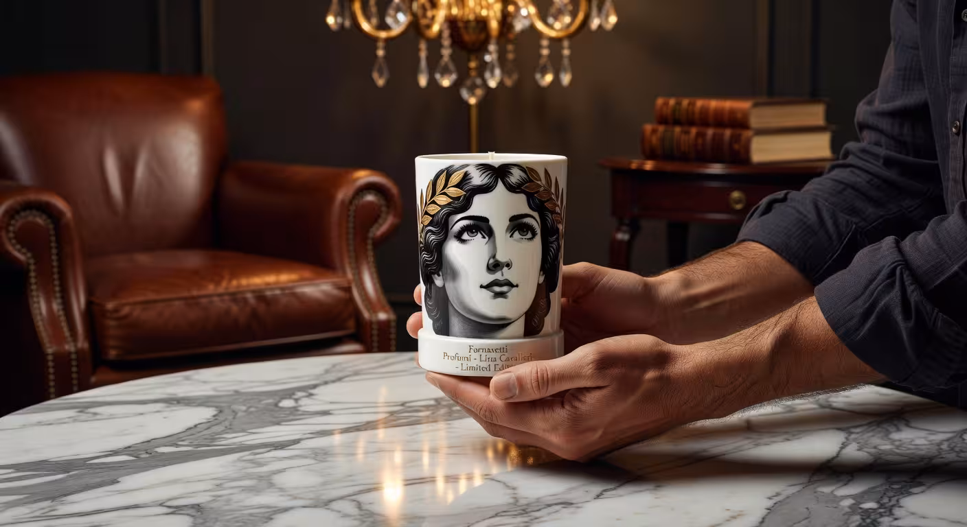 Las velas y difusores perfumados más lujosos del mundo Vela de lujo Fornasetti con diseño de porcelana pintada a mano en elegante interior masculino