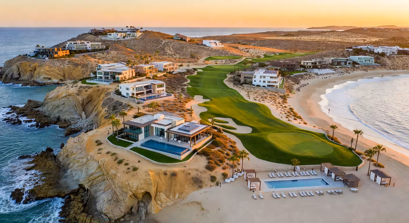 Vista aérea del desarrollo de lujo Quivira Los Cabos con campo de golf Jack Nicklaus y residencias frente al Pacífico mexicano