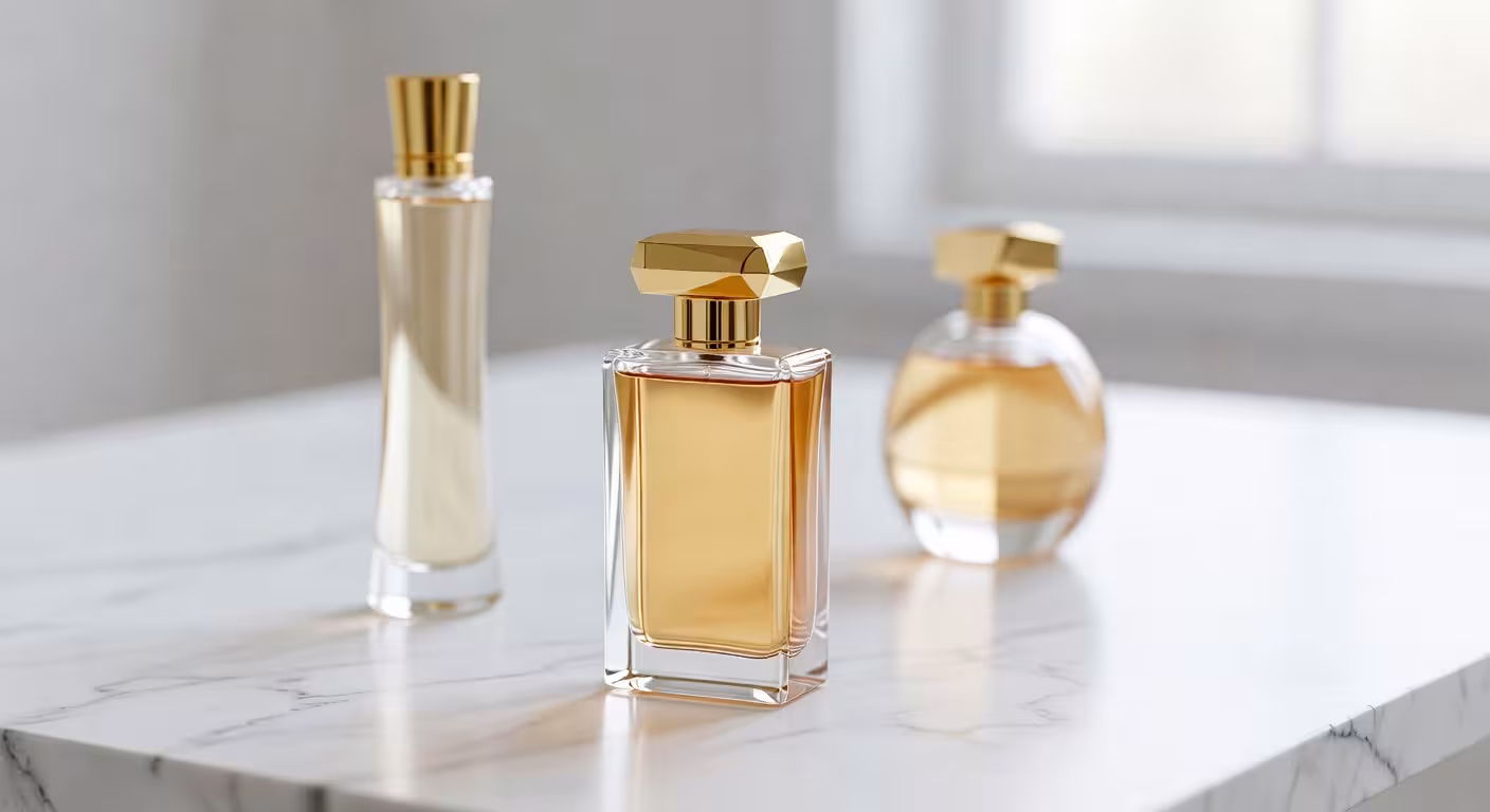 Fragancias premium accesibles: el lujo al alcance de todos Fragancias premium accesibles con botellas de perfume de diseño minimalista sobre superficie de mármol