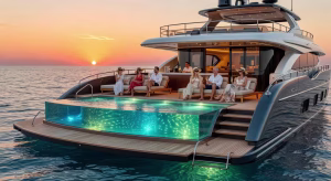 Características esenciales de los mejores yates de lujo para alquilar Beach club de lujo en un superyate con piscina infinity y plataforma de baño al atardecer en el Mediterráneo