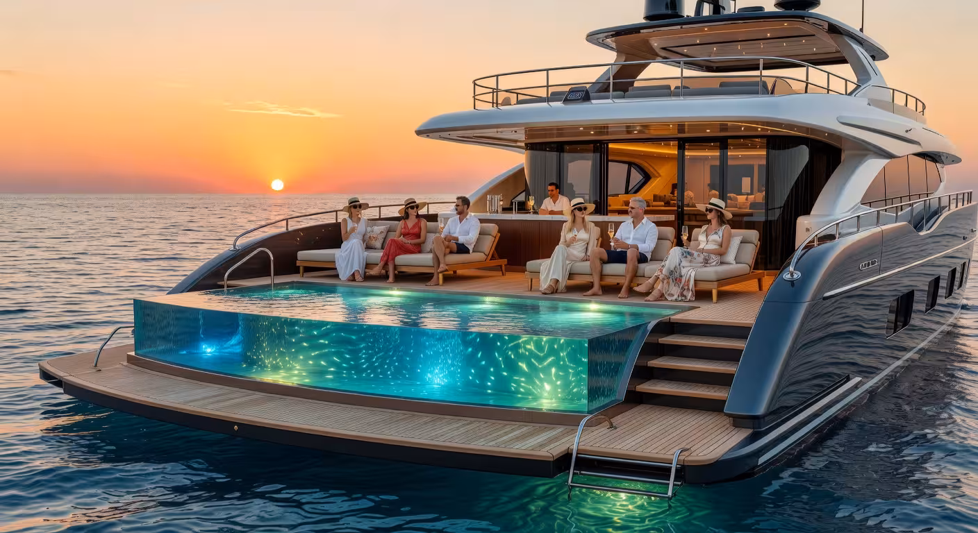 Características esenciales de los mejores yates de lujo para alquilar Beach club de lujo en un superyate con piscina infinity y plataforma de baño al atardecer en el Mediterráneo