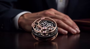 El tourbillon volante de oro y carbono de Angelus: cuando la alta relojería se encuentra con el diseño contemporáneo Detalle del calibre A-250 del Angelus Gold & Carbon Flying Tourbillon mostrando el tourbillon volante y los puentes de oro rojo sobre platina de carbono