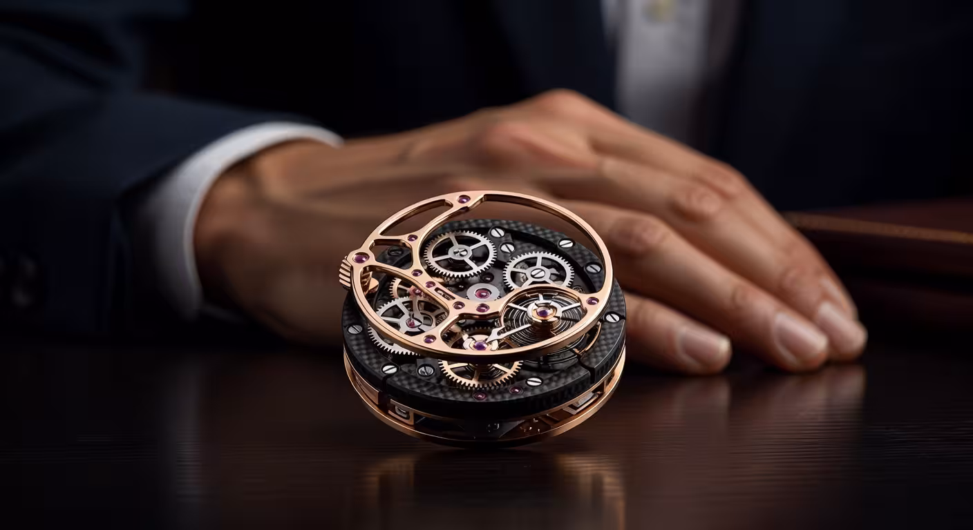 El tourbillon volante de oro y carbono de Angelus: cuando la alta relojería se encuentra con el diseño contemporáneo Detalle del calibre A-250 del Angelus Gold & Carbon Flying Tourbillon mostrando el tourbillon volante y los puentes de oro rojo sobre platina de carbono