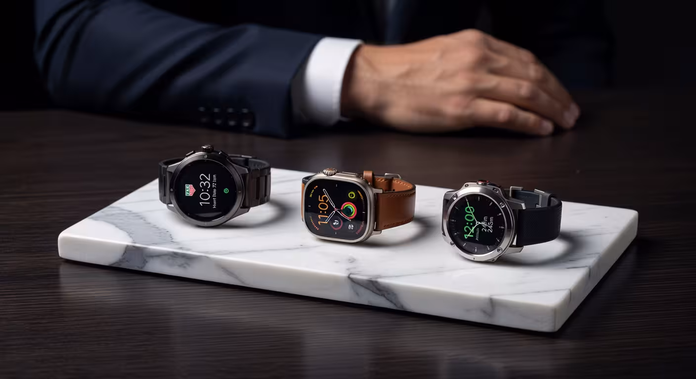 Los mejores smartwatches de lujo que puedes comprar ahora Colección de smartwatches de lujo incluyendo TAG Heuer Connected, Apple Watch Ultra Hermès y Garmin MARQ sobre superficie de mármol