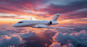 Bombardier Global 8000: el jet privado más rápido del mundo ya está en el cielo Bombardier Global 8000 volando sobre las nubes al atardecer, el jet privado más rápido del mundo