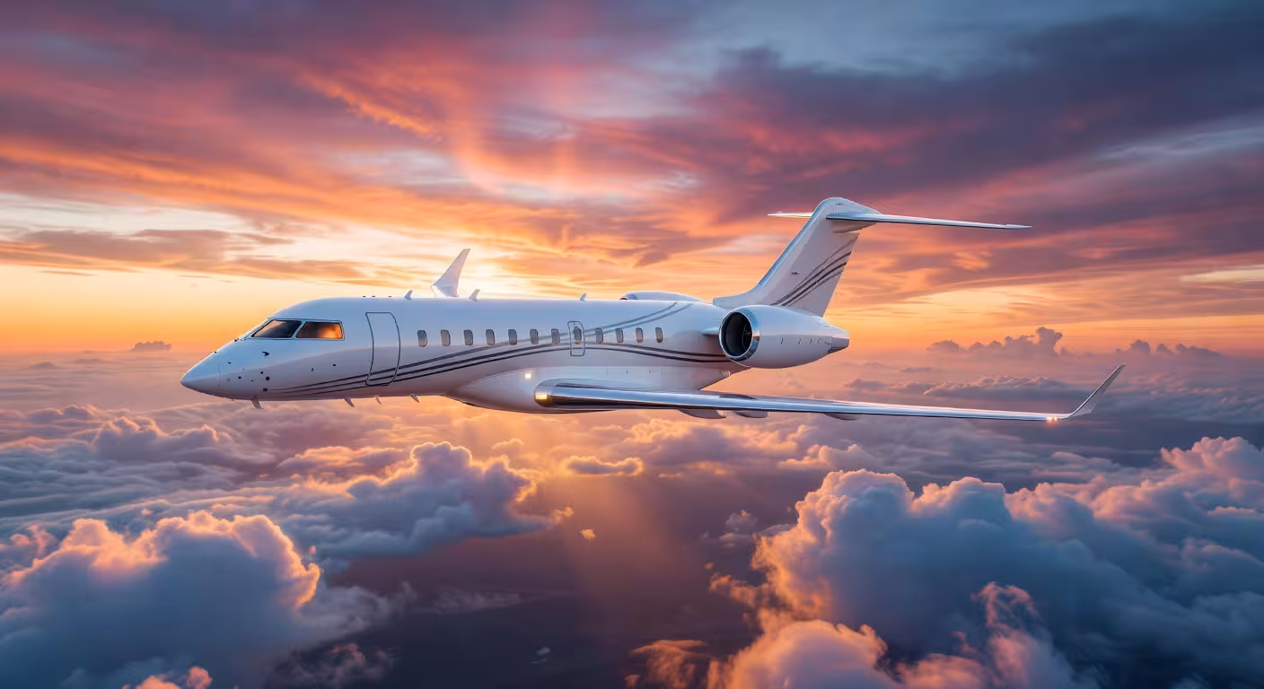 Bombardier Global 8000: el jet privado más rápido del mundo ya está en el cielo Bombardier Global 8000 volando sobre las nubes al atardecer, el jet privado más rápido del mundo