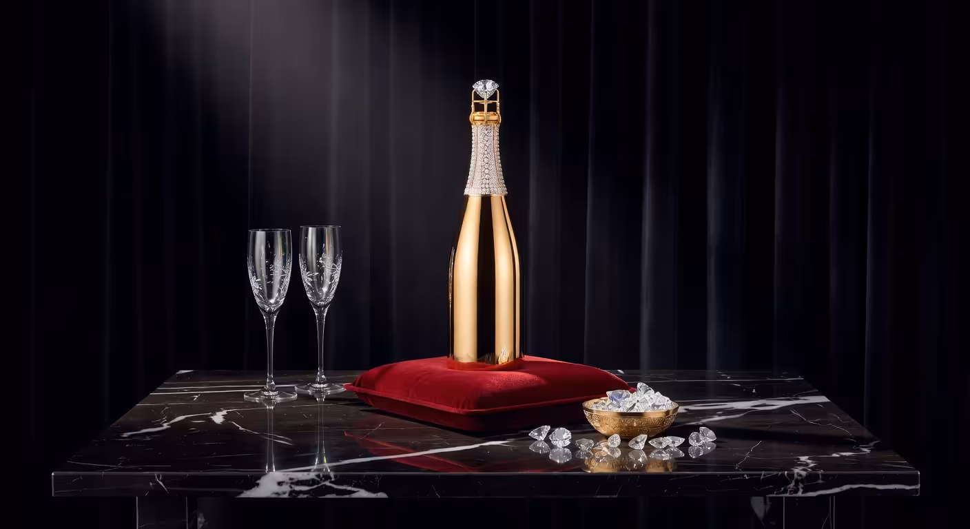 Los champagnes más caros del mundo: lujo en estado puro Botella de champán de lujo con recubrimiento dorado y diamantes incrustados sobre mesa de mármol elegante