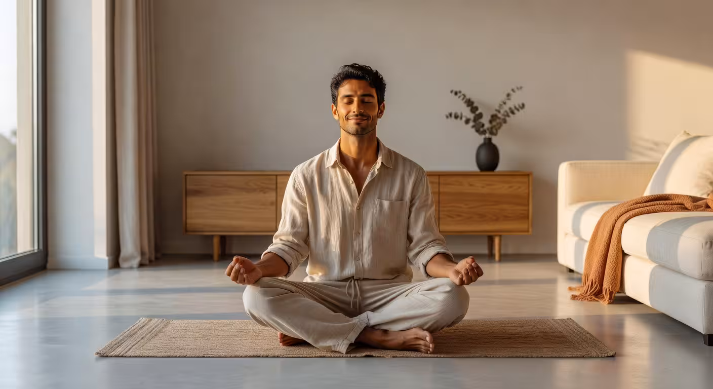 16 formas efectivas de reducir el estrés según la ciencia Hombre practicando meditación mindfulness en casa para reducir el estrés