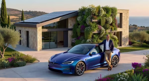 Coche eléctrico de lujo Tesla aparcado frente a villa sostenible con paneles solares y jardines verticales