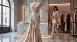 Vestido de diseñador de lujo con drapeados arquitectónicos en boutique exclusiva