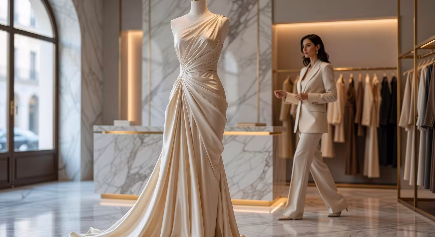 Cómo comprar el vestido perfecto para tu pareja: guía completa para acertar Vestido de diseñador de lujo con drapeados arquitectónicos en boutique exclusiva