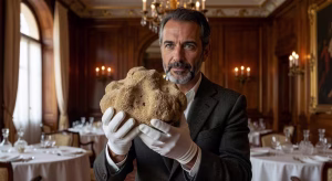 Trufa blanca de Alba siendo presentada con guantes por experto en restaurante de lujo italiano