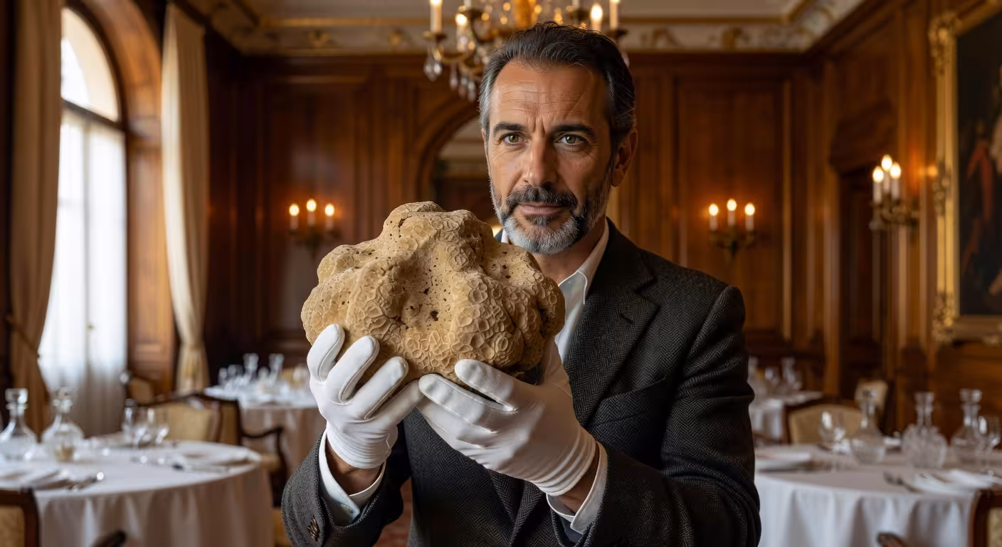 Las 10 trufas más caras del mundo Trufa blanca de Alba siendo presentada con guantes por experto en restaurante de lujo italiano