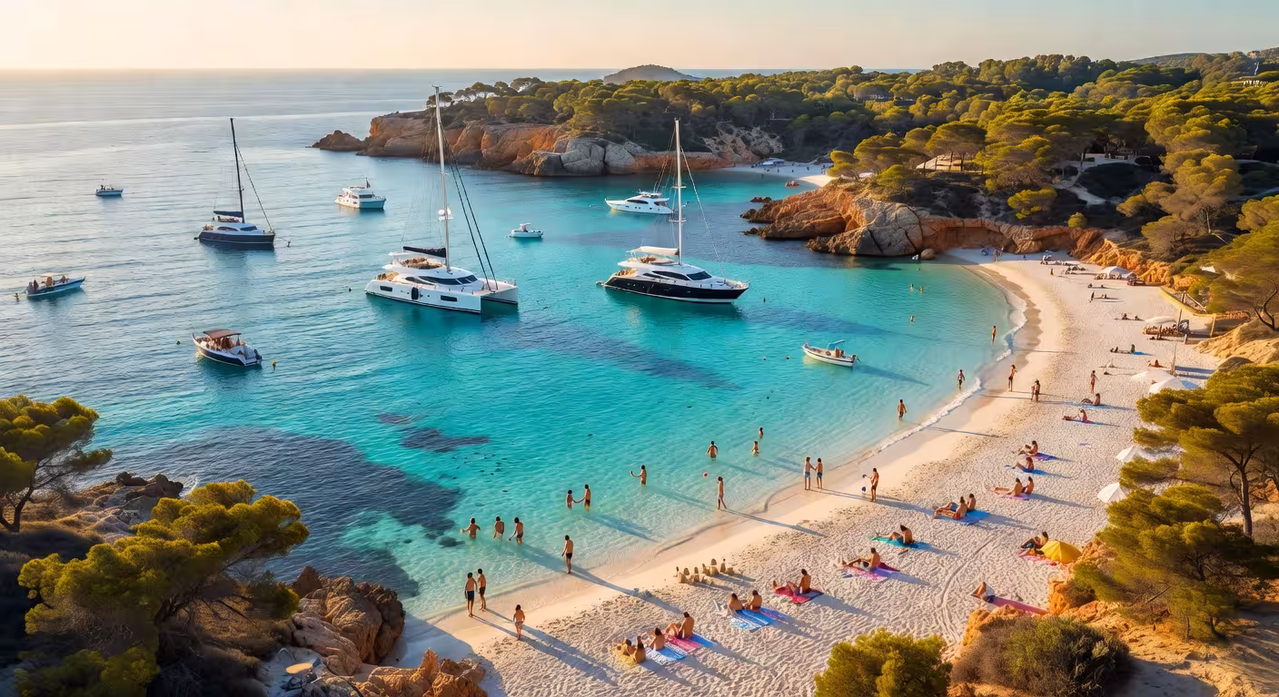 5 razones irresistibles para viajar a Ibiza Vista aérea de una cala paradisíaca en Ibiza con aguas turquesas cristalinas y arena blanca
