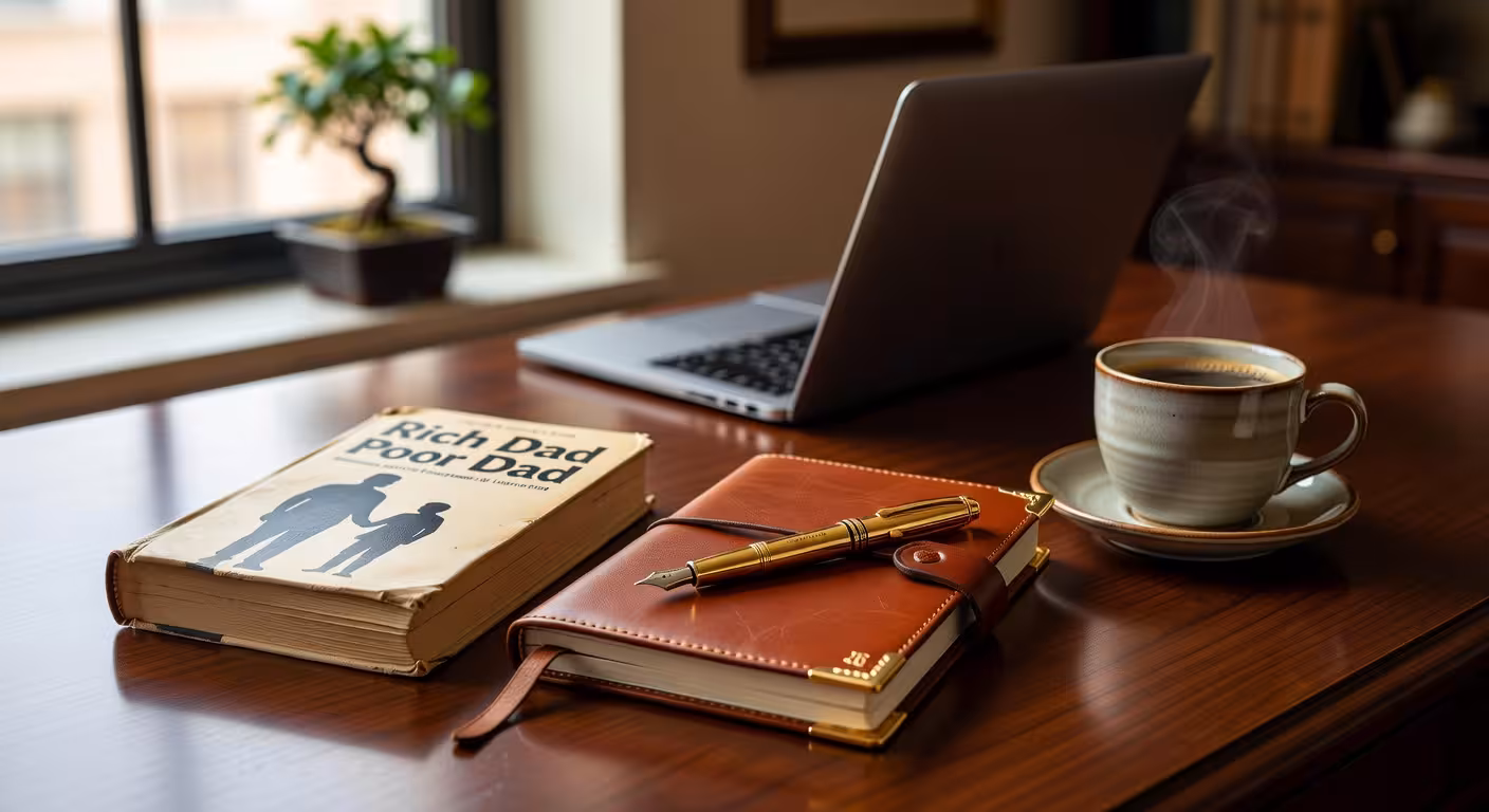Padre Rico, Padre Pobre: resumen completo del libro que cambió la educación financiera Libro Padre Rico Padre Pobre sobre escritorio de lujo con accesorios premium