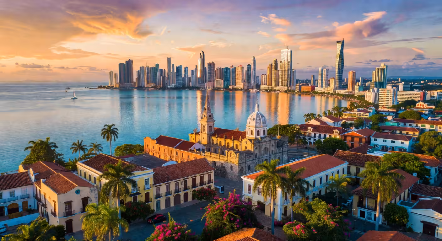 10 lugares imprescindibles y actividades en Panamá Vista aérea del skyline moderno de Ciudad de Panamá al atardecer con Casco Viejo en primer plano