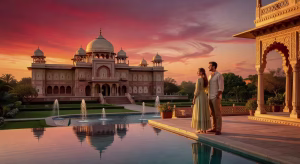 Palacio de lujo en Rajastán al atardecer con arquitectura mogol y piscina reflectante