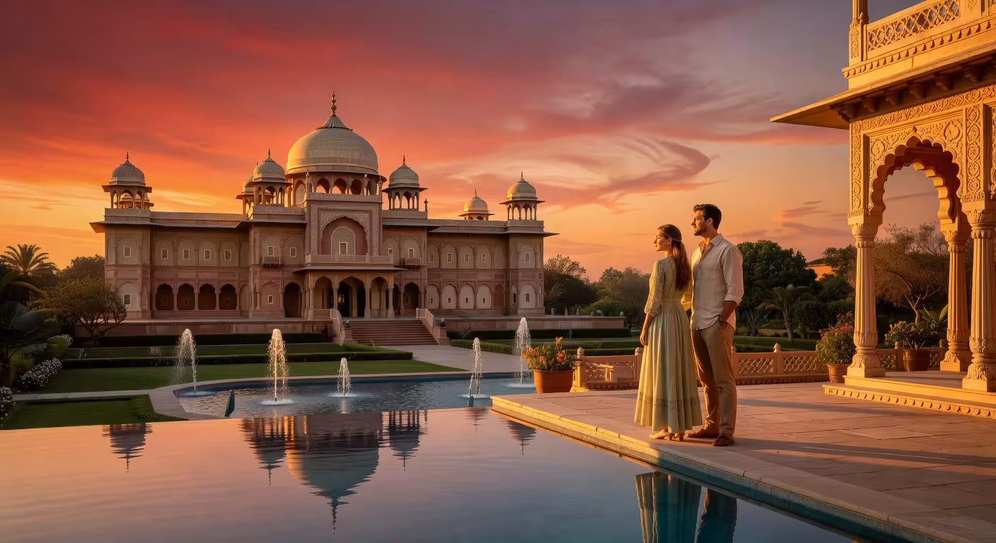 Viajar a la India: 10 cosas esenciales que debes saber antes de ir Palacio de lujo en Rajastán al atardecer con arquitectura mogol y piscina reflectante