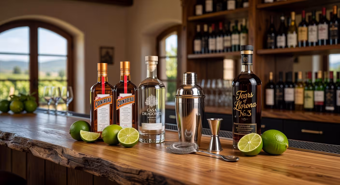 Botellas de tequila premium y Cointreau con limas frescas y coctelera profesional para preparar margaritas