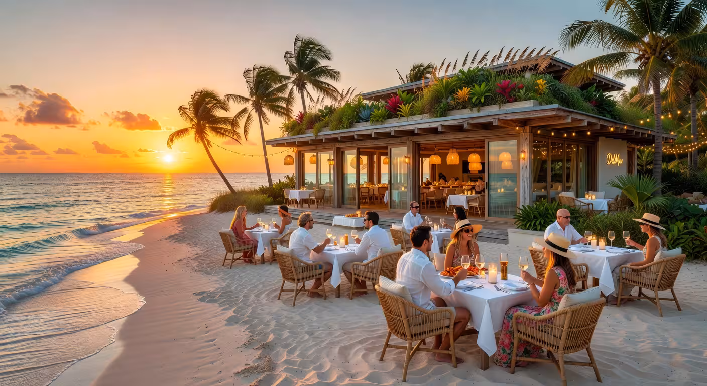 Restaurante The DelMar en The Strand con mesas en la arena frente al mar en Cooper Jack Bay