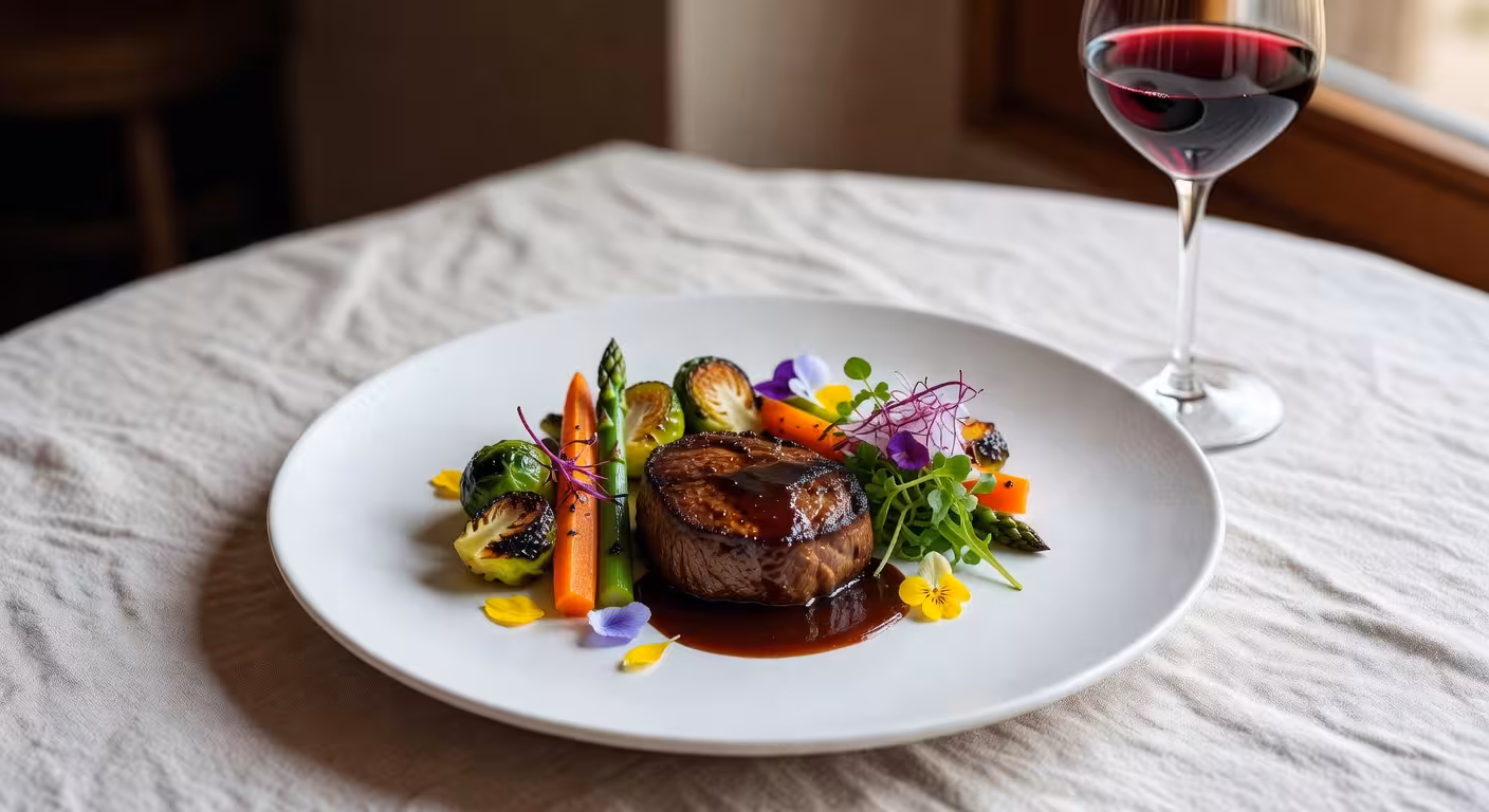 Plato gourmet del chef Marcel Tauschek en Mountain Hub Gourmet con presentación artística y cocina alpina moderna