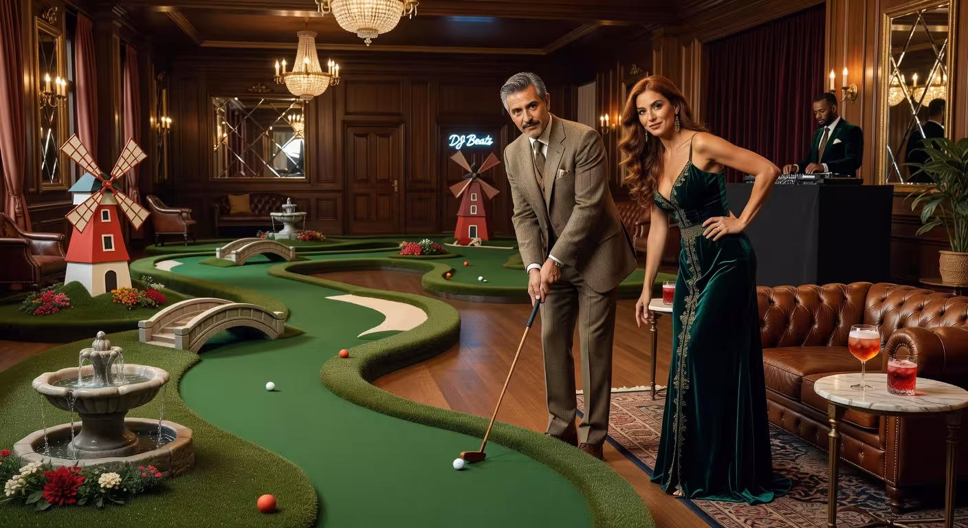 Interior de Swingers Dupont Circle con campos de minigolf y ambiente sofisticado de club inglés de los años 20