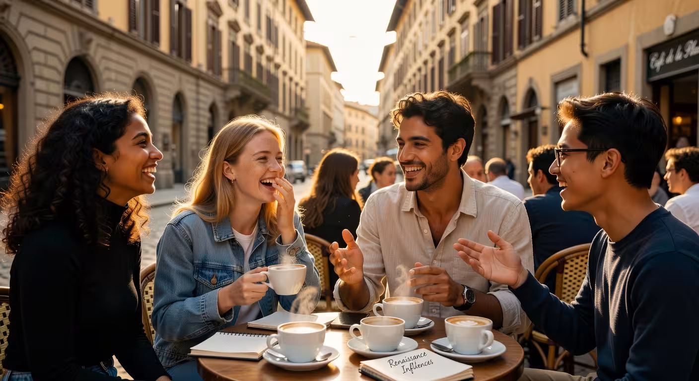 Grupo multicultural de estudiantes internacionales compartiendo momento social en café europeo