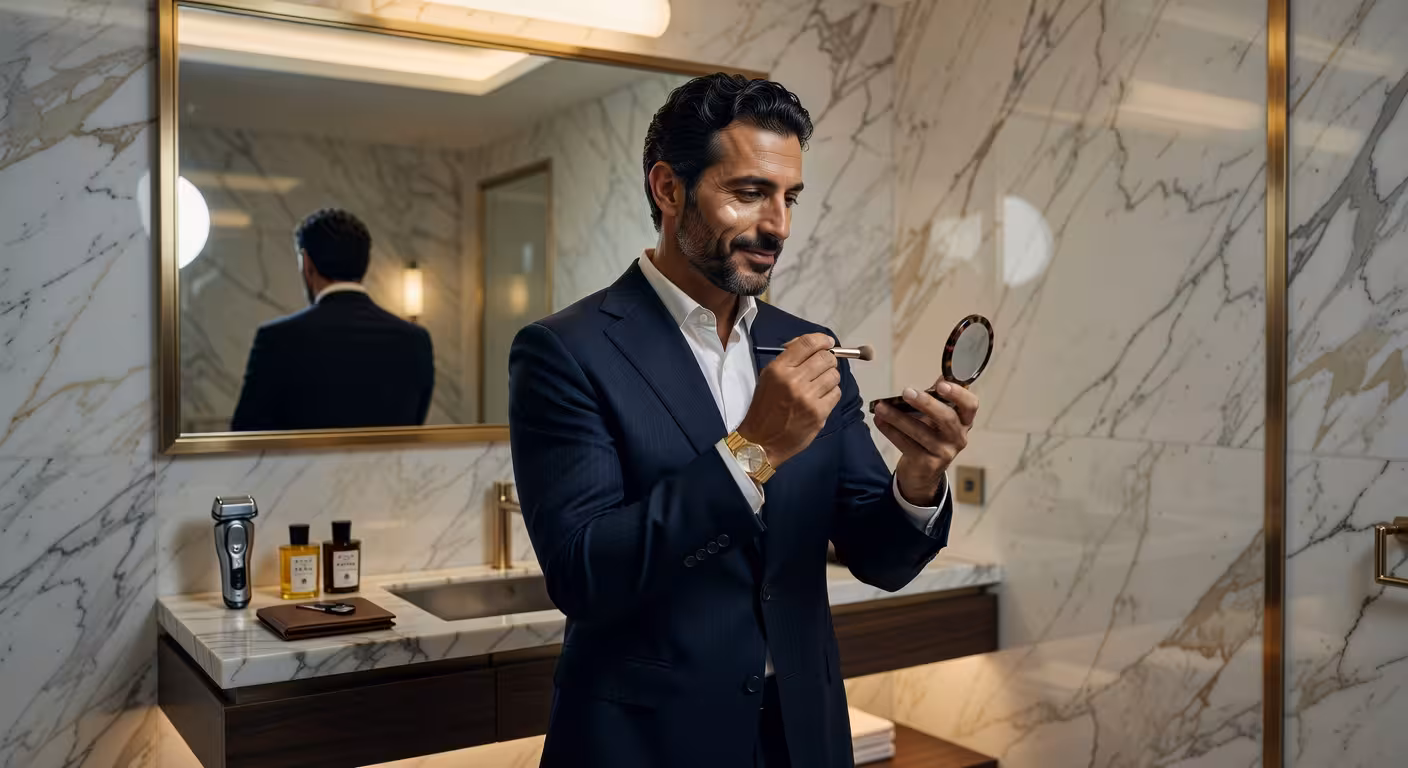 Hombre profesional con maquillaje masculino natural y piel impecable mirándose al espejo