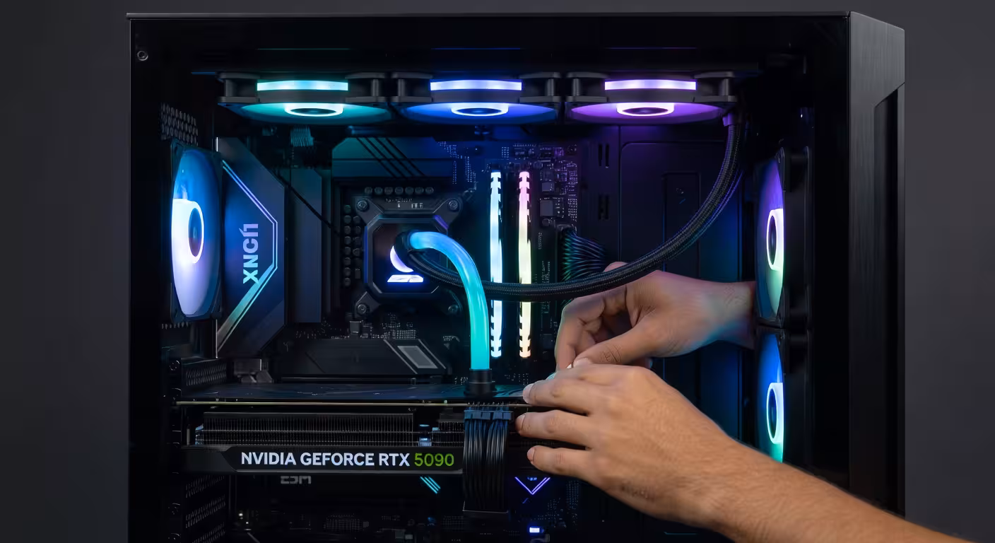 PC gaming de alta gama con tarjeta gráfica RTX 5090 y sistema de refrigeración líquida visible a través de panel de cristal